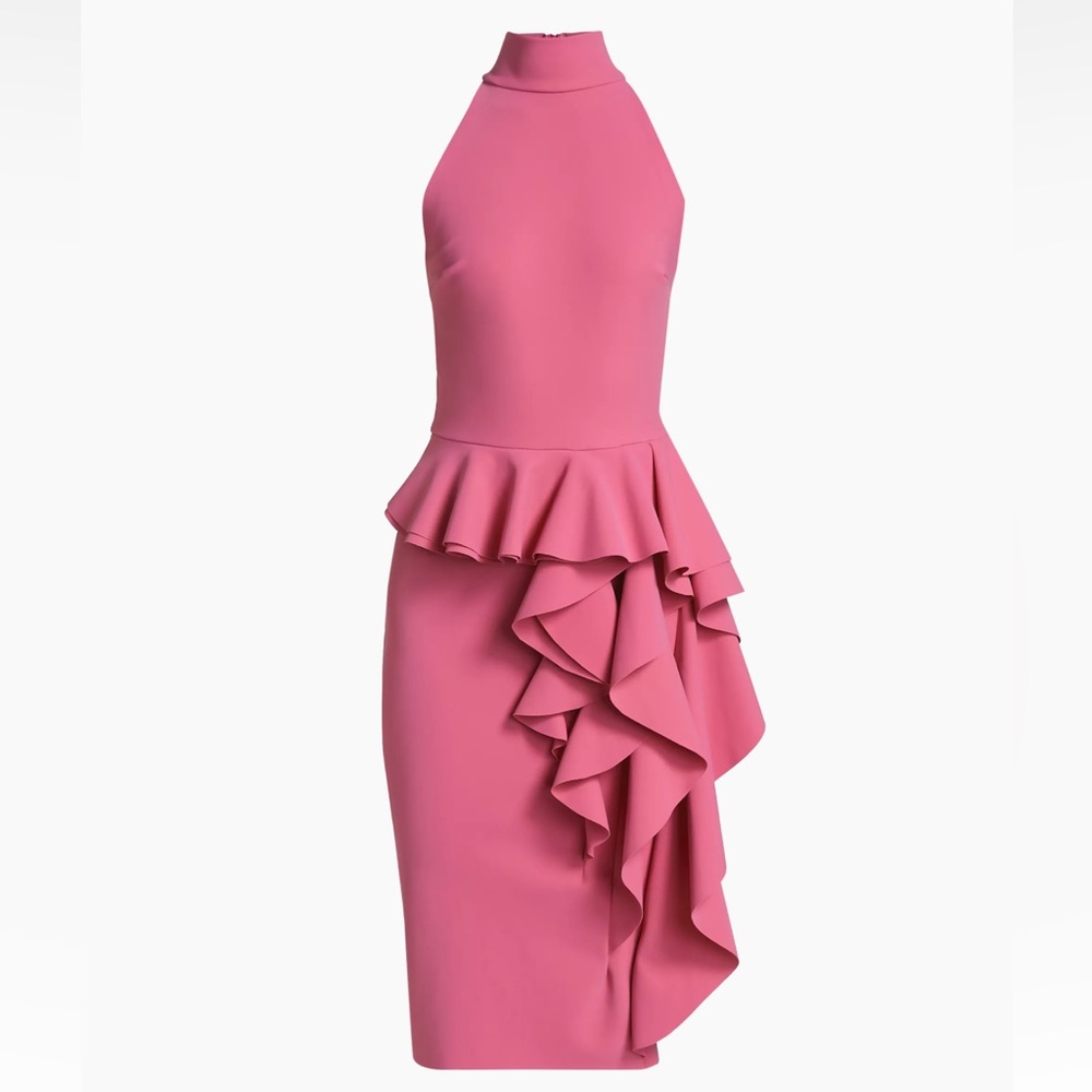 Chiara Boni Hot Pink Halter Midi Dress with Ruffled Peplum
